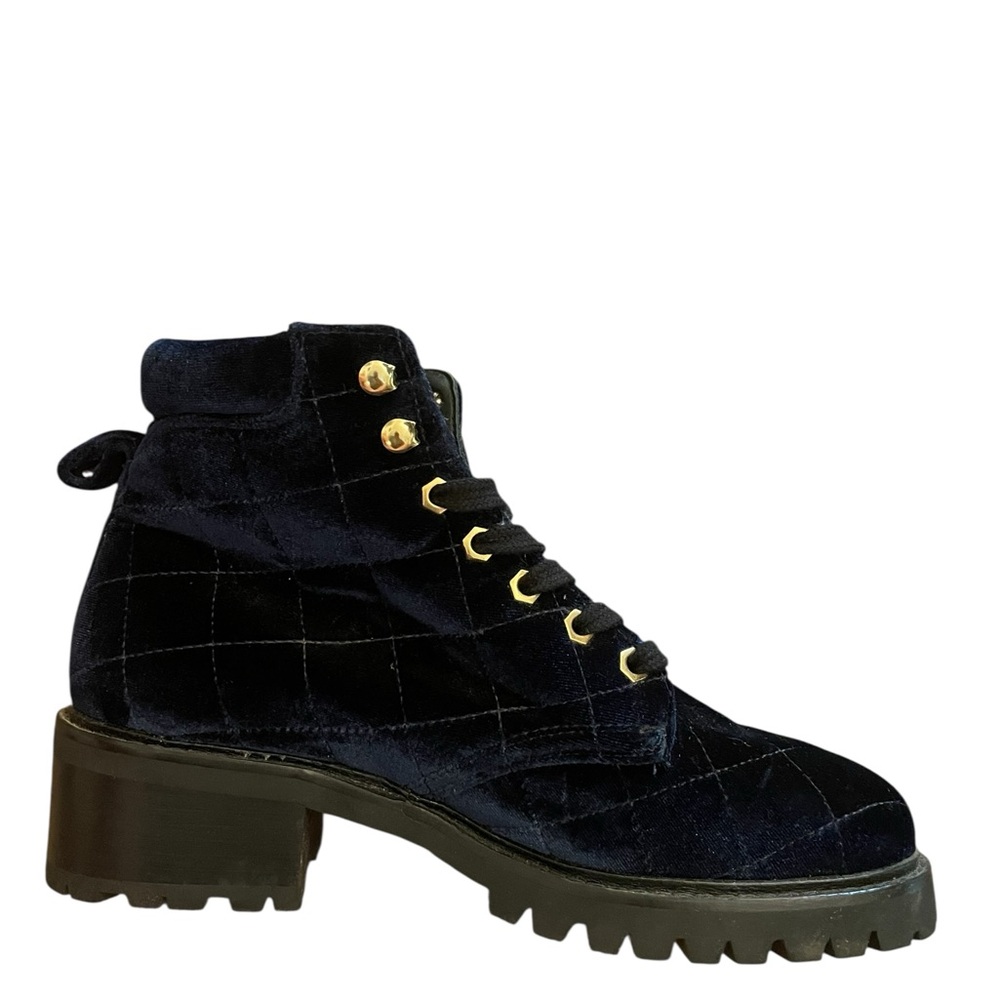 SANDRO Paris Aron Blue Quilted Velvet Combat Hiker Boots - Picture 10 of 15